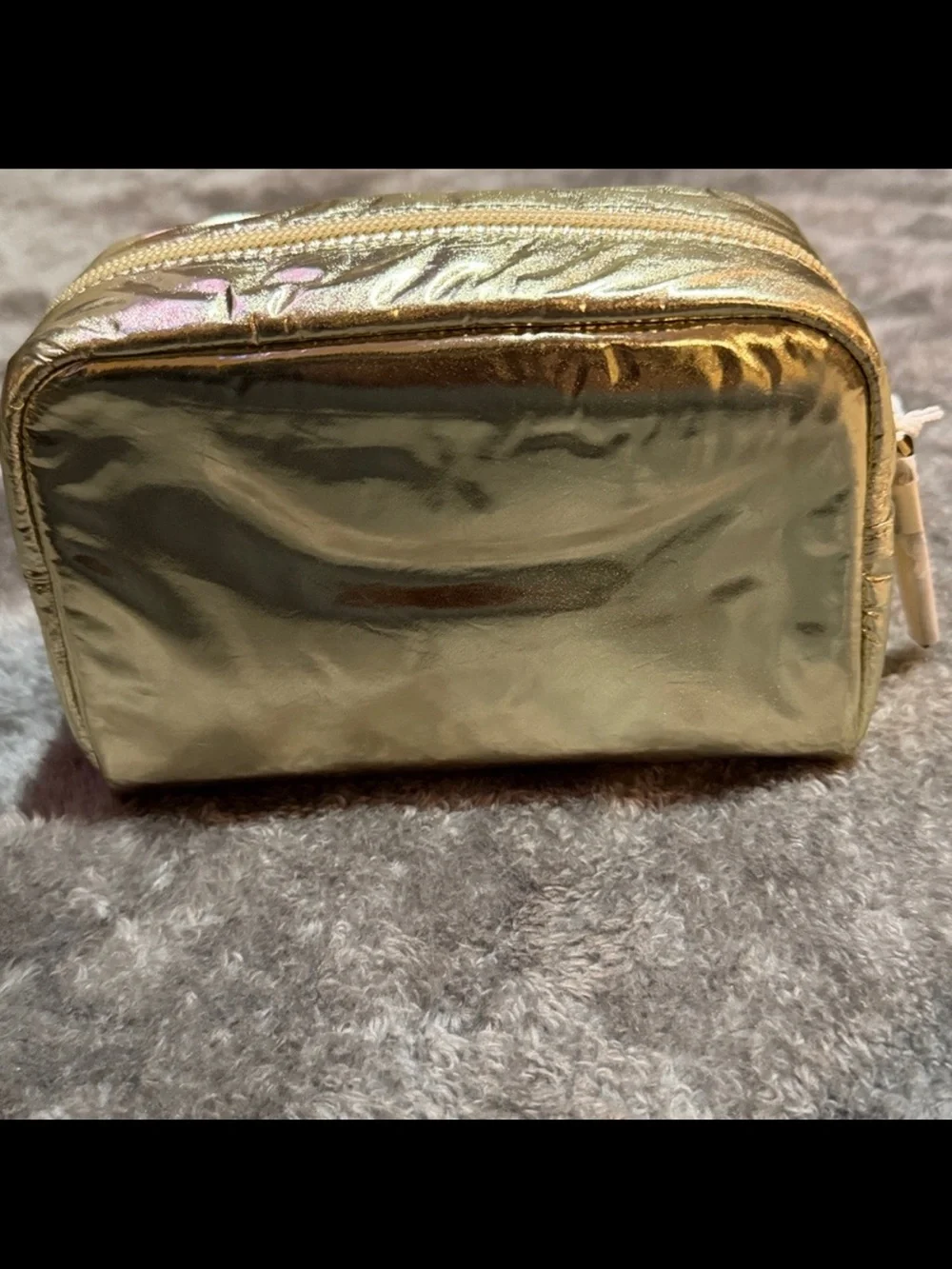 NWT! Tory Burch Metallic Pale Gold Logo Cosmetic Case